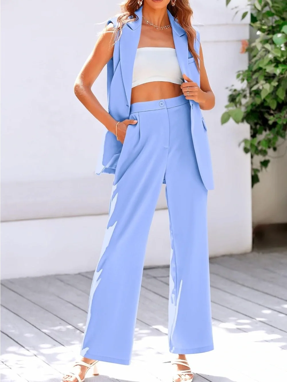 Women’s Two Piece Outfit Sleeveless Suit Vest and Wide Leg Pants Blazer Set - Picture 9 of 11